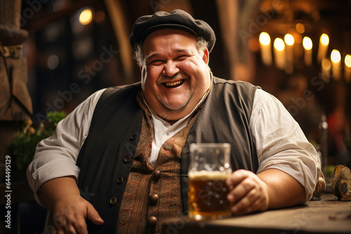 Portrait of a fat smiling man in an ivy hat holding a glass of cold beer while sitting at a bar