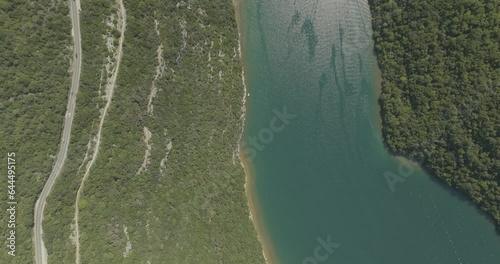 Aerial view of a road on the hills following the Limski Fjord (Canal di Leme) in Sveti Lovrec, Istria, Croatia. photo