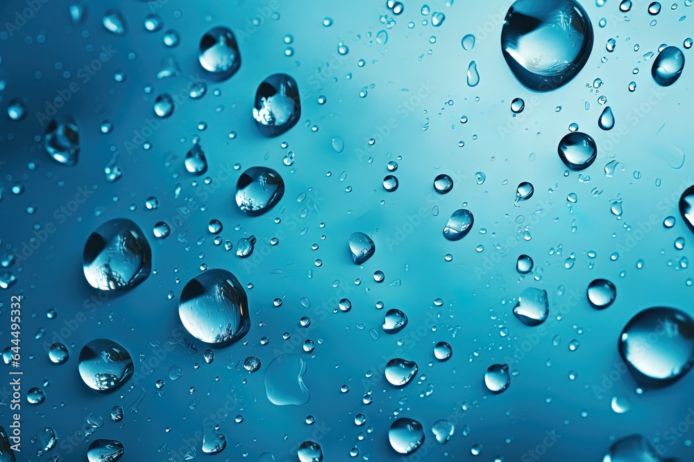 Close up image of transparent water drops on a blue surface