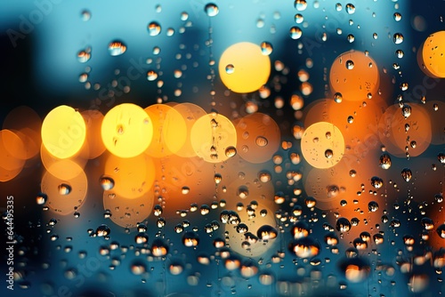 Raindrops on a glass window on a blurred bokeh city traffic lights background