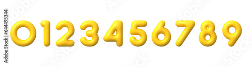 3d yellow numbers. Ten plastic bubble digits, inflated math number symbols from 0 to 9. Realistic numbered kids signs isolated vector set