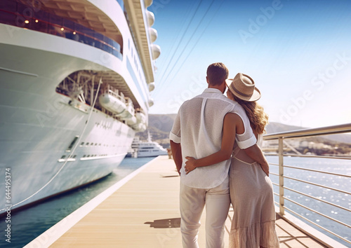Romantic couple next to cruise ship on summer vacation holiday trip.Macro.AI Generative.