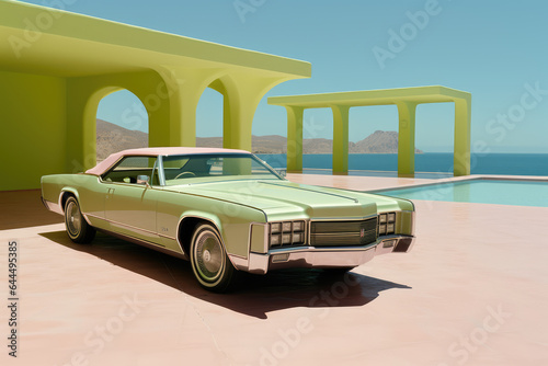 Green retro car is standing near futuristic house and the beach. Vintage classic car. High quality photo