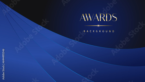 Dark blue golden royal awards graphics background. Lines growing elegant shine spark. Luxury premium corporate abstract design template.