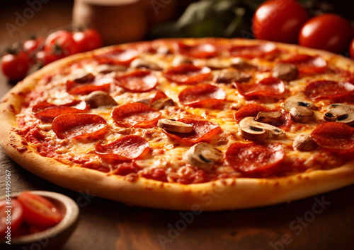 Pepperoni pizza with mushrooms on wooden table.Macro.AI Generative