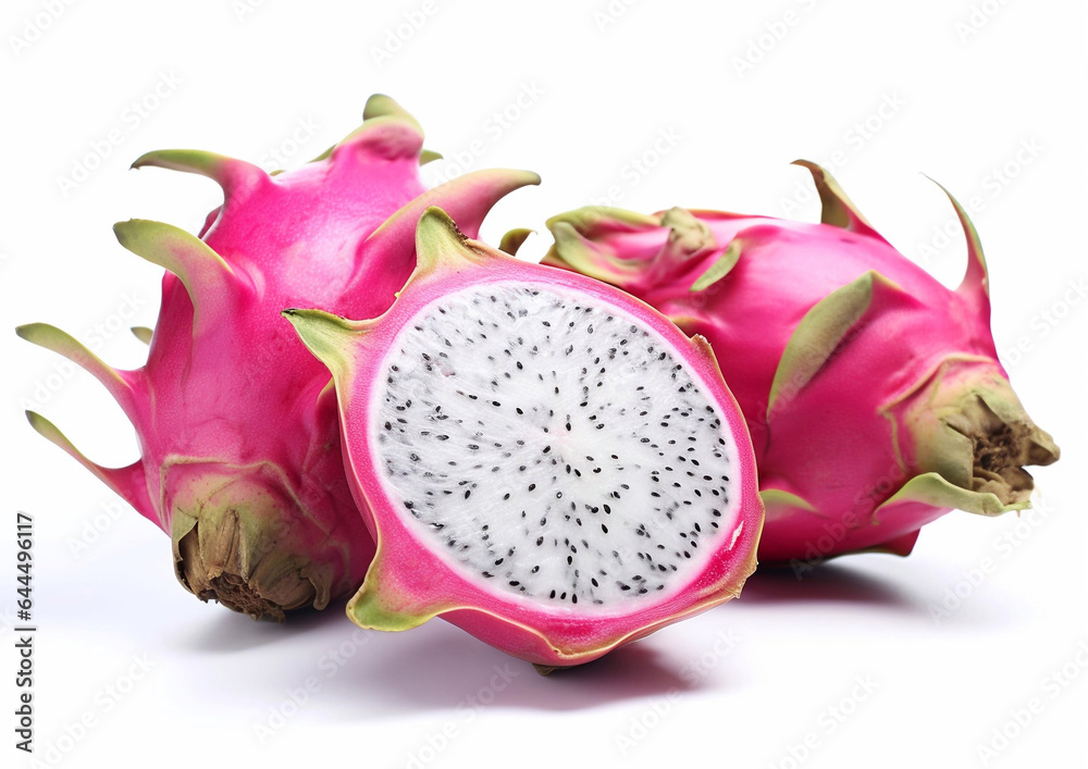 Ripe pitaya dragon fruit whole and half on white background.AI Generative Ripe pitaya dragon fruit whole and half on white background.AI Generative