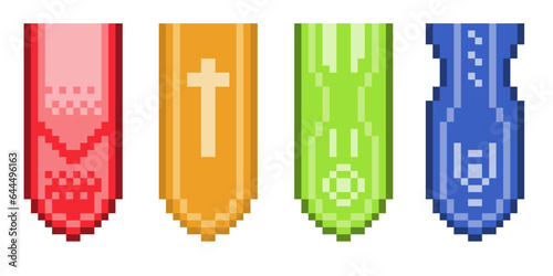 Template Set of Vertical Decoration Emblem Flag in Variant Color, Pixel Art Style Artwork