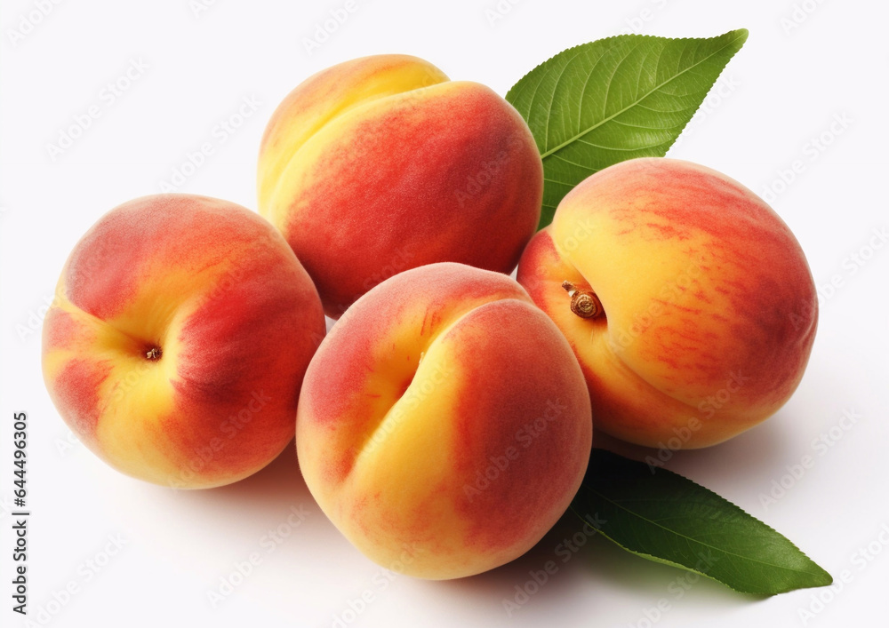 Sweet ripe peaches with leaf on white background.Macro.AI Generative Sweet ripe peaches with leaf on white background.Macro.AI Generative