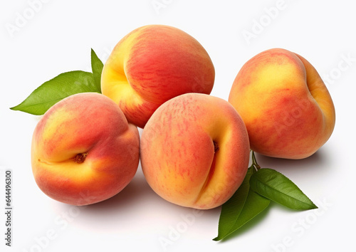 Sweet ripe peaches with leaf on white background.Macro.AI Generative