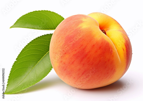 Large peach with leaf on white background.Macro.AI Generative