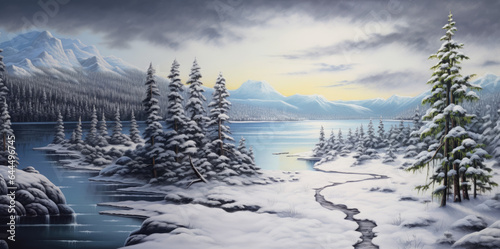 A panorama painting of a snowy landscape. Rivers, fir trees, the sun sets or rises.