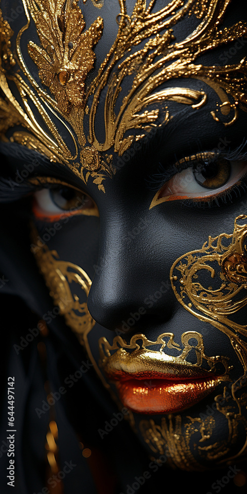 Frau mit grandiosen goldenen mit schwarz Muster im Gesicht bemahlt Nahaufnahme im Querformat für Banner, ai generativ