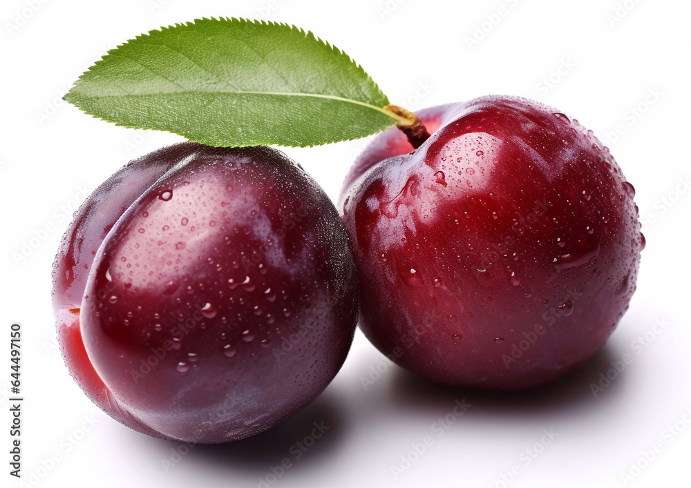 Fresh ripe plums with leaf on white background.AI Generative