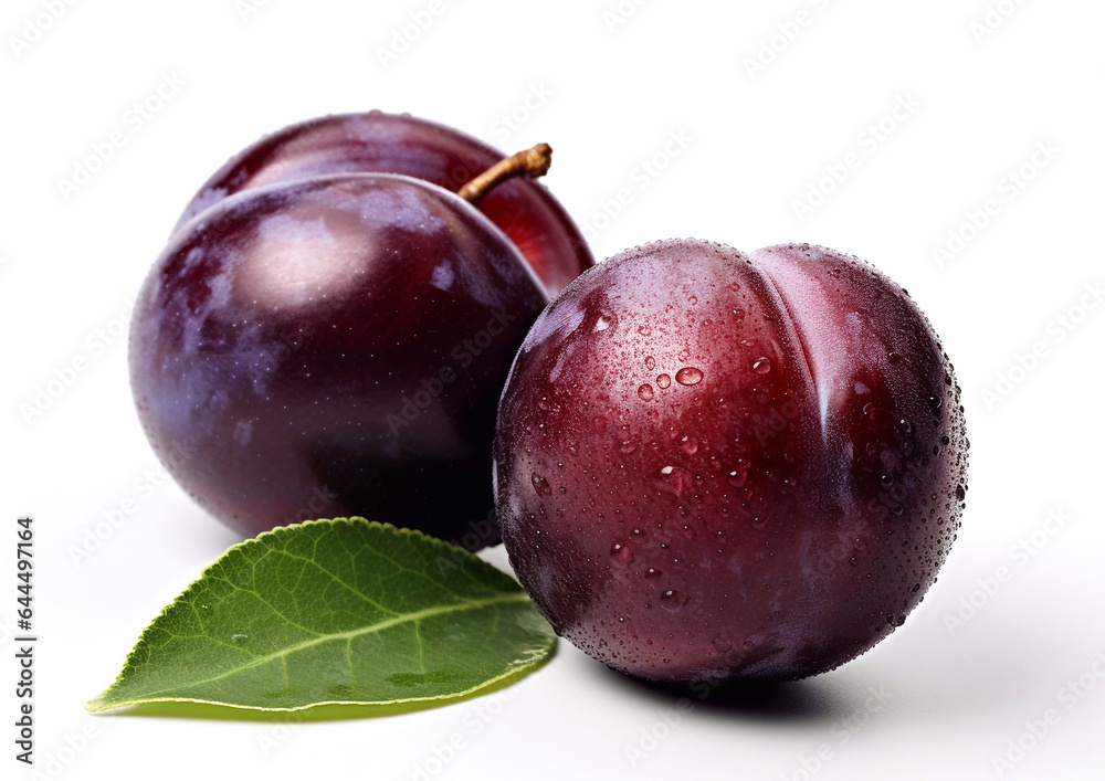 Two ripe plums with leaf on white background.Macro.AI Generative