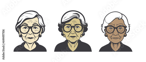 Vector set of portraits of cute Asian elderly grandmothers with glasses. Graphic icons or stickers. Isolated white background.