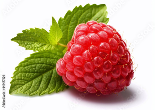 Sweet raspberry with leaf on white background.Macro.AI Generative.