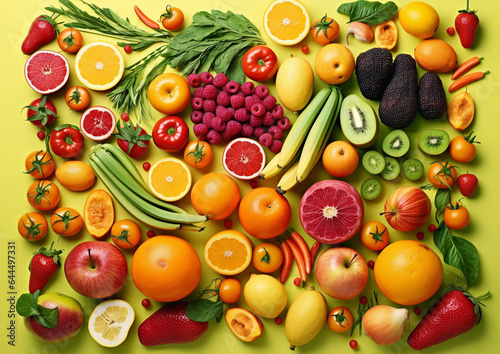 Healthy assorted fresh organic fruits and vegetables.Top view.AI generative