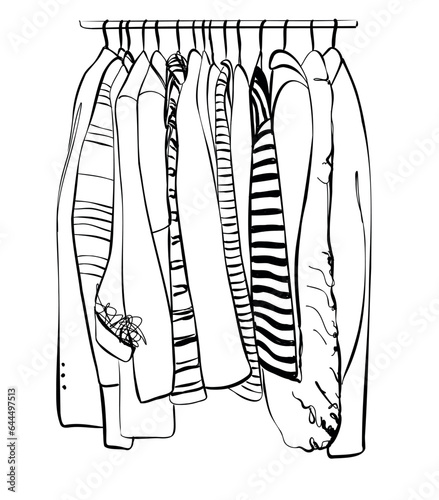 Clothes on hanger. Fashion sketch. Wardrobe