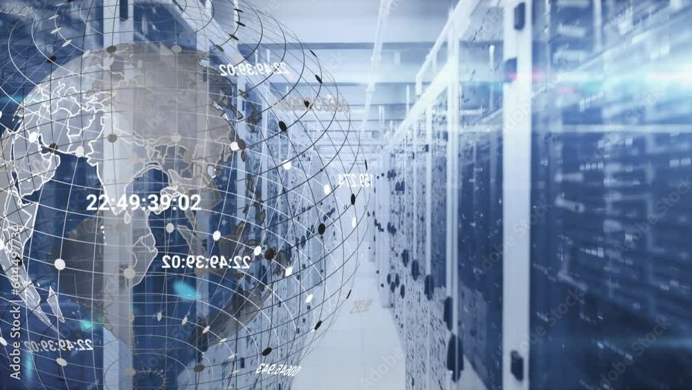 Animation of spinning globe, light spot and mosaic squares against computer server room Animation of spinning globe, light spot and mosaic squares against computer server room