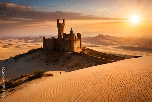 Fototapete sunset over the fortress, A majestic castle rises from the heart of the desert, its towering spires casting long shadows as the sun sets over the rolling sands