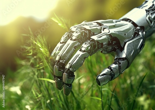 Robot arm touching green grass.New technologies against nature concept picture.AI Generative.