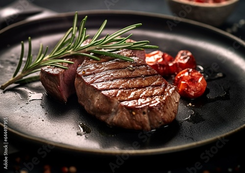 Beef fillet steak with rosemary and tomatoes on black plate in restauant.AI Generative