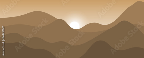 Misty mountains with gentle slopes and flocks of birds in the sunrise sky. Traditional ink painting. vector