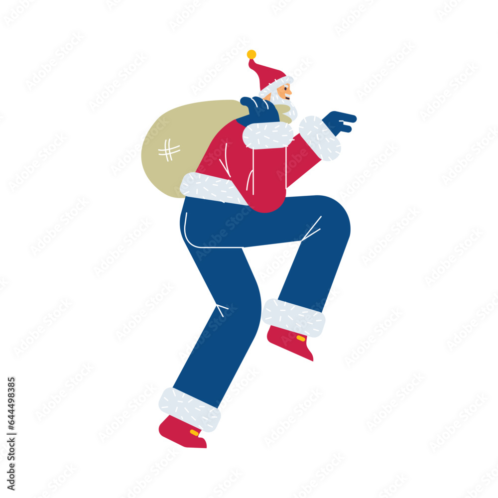 Secret Santa Claus sneaks on tiptoe with a huge bag of gifts, vector symbol illustration merry christmas and new year Secret Santa Claus sneaks on tiptoe with a huge bag of gifts, vector symbol illustration merry christmas and new year