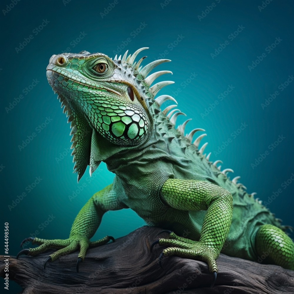 Fototapeta premium Beautiful green iguana on a blue background