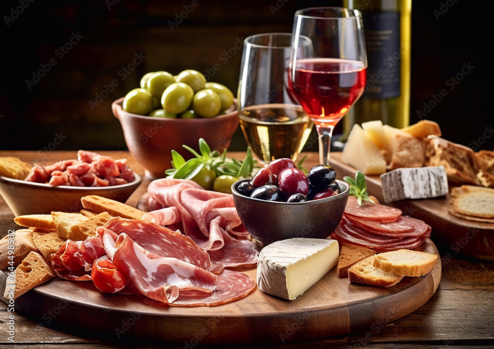 Italian wine snacks set with various delicatessen.Macro.AI Generative