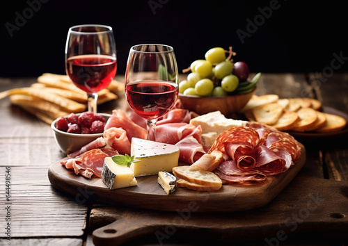 Wine glasses with cheese,olives and various snacks.Macro.AI Generative