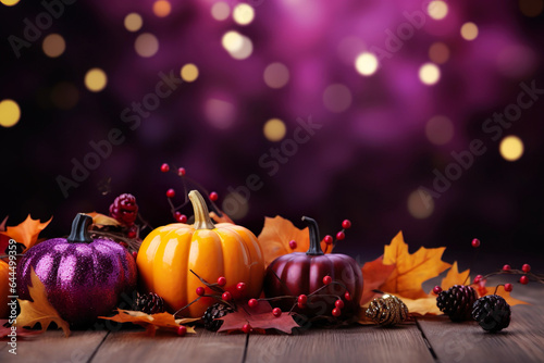 purple and golden pumpkins with fall leaves and decorations on wooden ground in front of a bokeh background with space for text