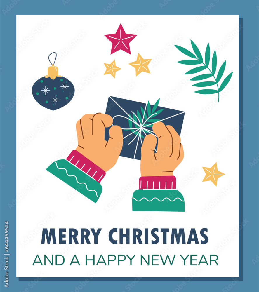 Naklejka premium Hands tie a bow on on gift box, surprise box wrapped, vector postcard with lettering, stars and Christmas decorations