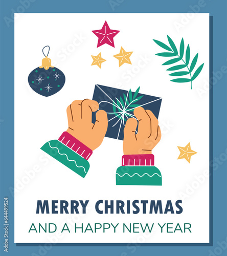 Hands tie a bow on on gift box, surprise box wrapped, vector postcard with lettering, stars and Christmas decorations