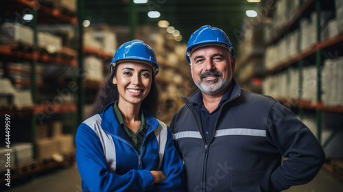 Confident man and woman with hardhats in shipping warehouse smiling at camera