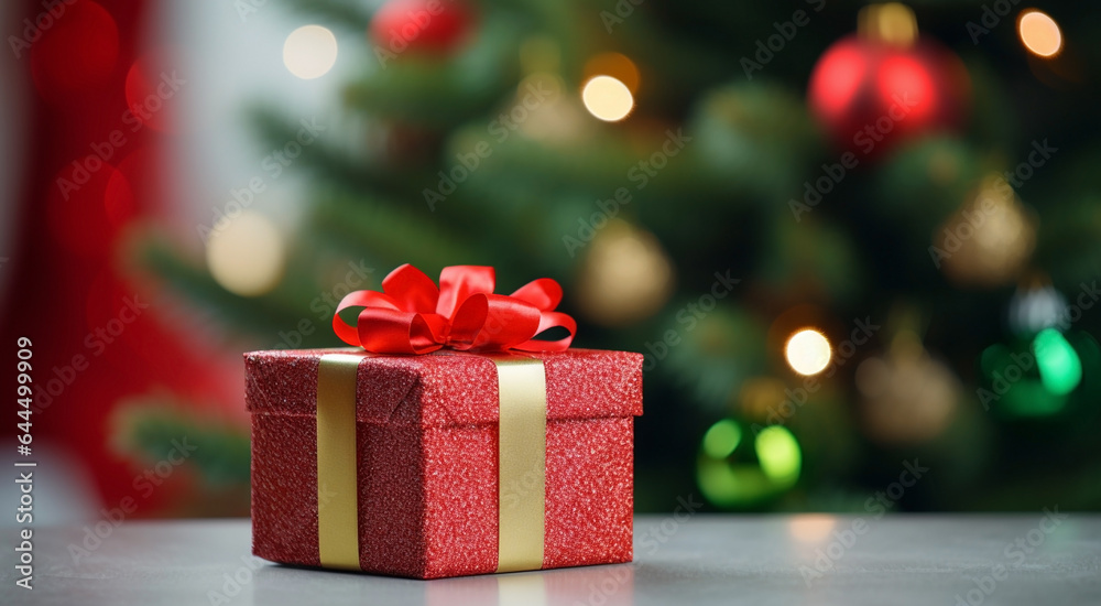 Red new year gift box with a decorative bow on the background of a green Christmas tree and beautiful bokeh Red new year gift box with a decorative bow on the background of a green Christmas tree and beautiful bokeh