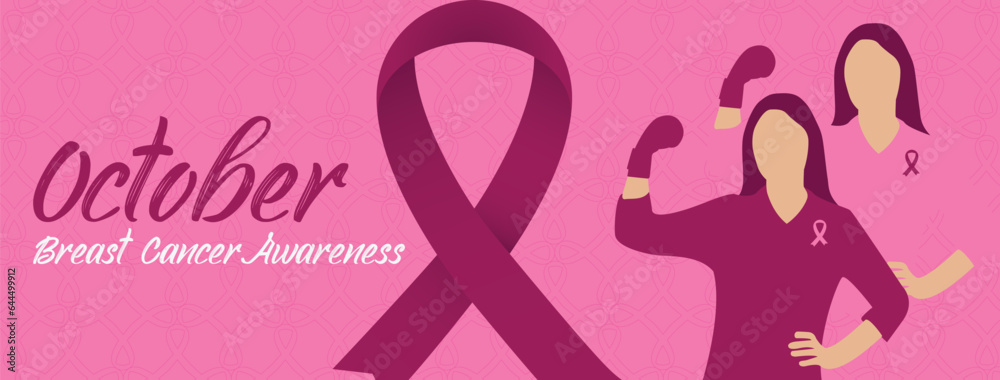 Breast cancer awareness campaign banner background with pink ribbon symbol and women with boxing gloves.