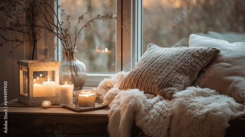 Hygge Home interior with soft lighting, candles, warm textiles, and cozy nooks for relaxations. Autumn and winter cozy mood. Cold season cozy reading nook with sofa, fluffy pillows and soft blankets