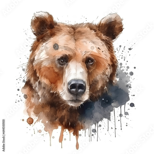 Bear watercolor illustration, portrait, predator head, clipart on white background