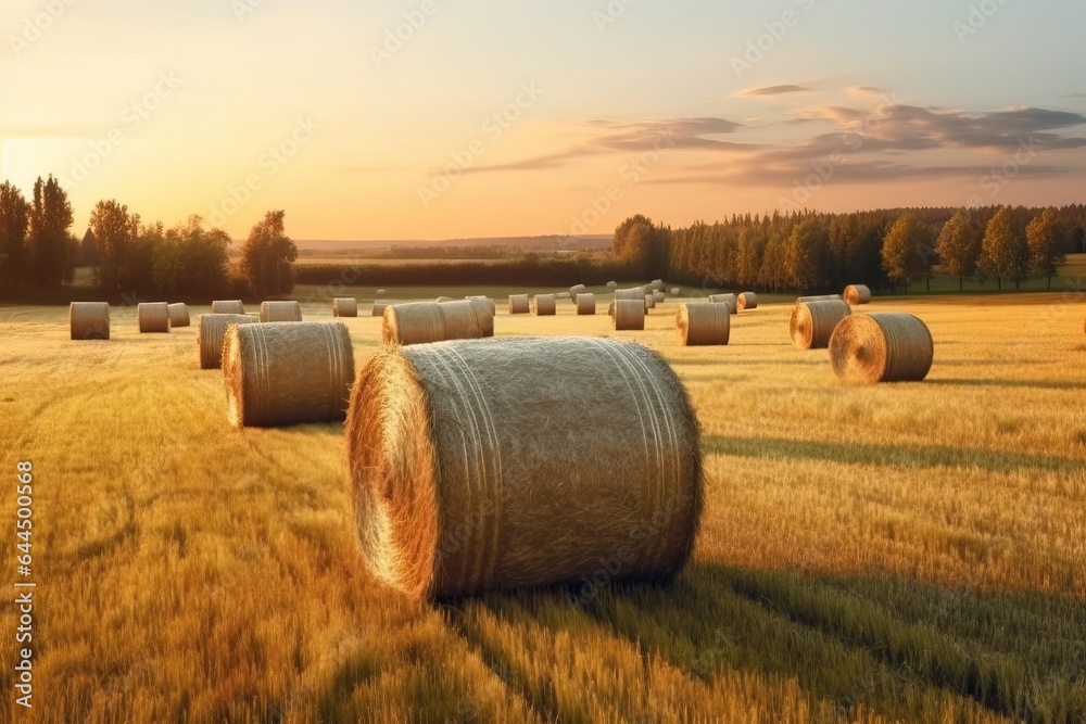 Cylindrical Stacks of Straw or Hay on Harvested Field
