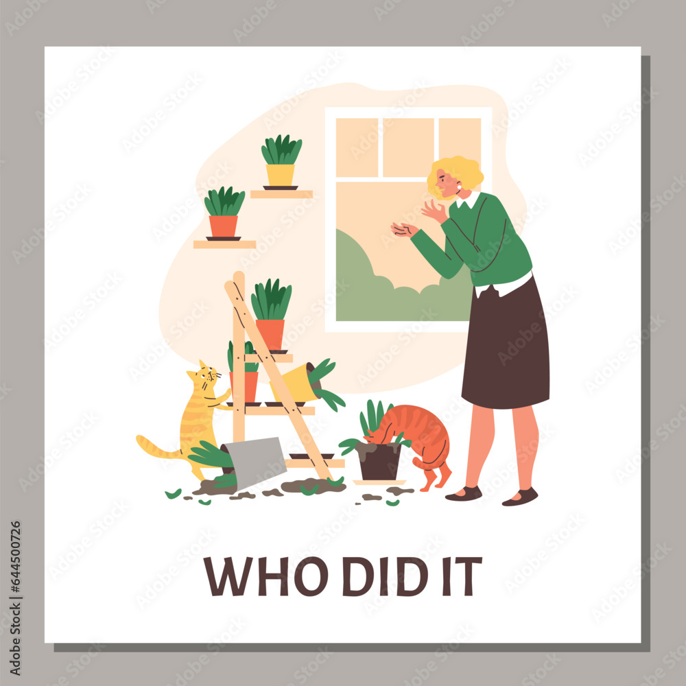 Squared banner with woman swears at cats broke flowers flat style, vector illustration