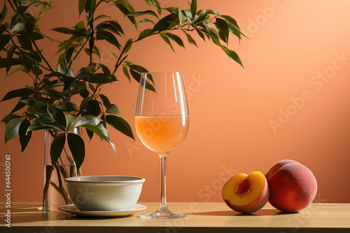 Simple summer alcohol beverage  Peach Bellini cocktail in glass isolated on flat color background with copy space. 