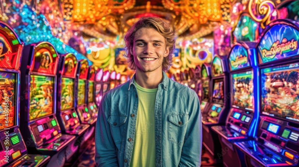 Young man laughing in front of gaming machines in casino