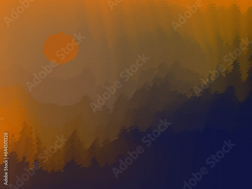 Landscape paintings of colorful sun horns, orange sky clouds background, forest. Abstract seasonal vector illustration. Halftone.