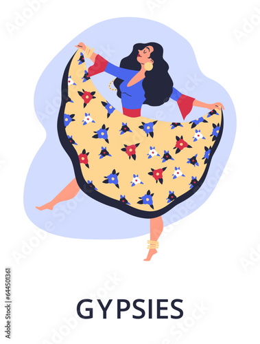Smiling dancing beautiful woman gypsy flat style, vector illustration