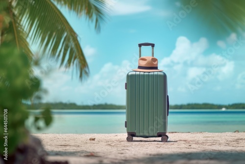 turquoise Suitcase with a hat standing on a clean tropical background with palm trees, copy space, © Margo_Alexa