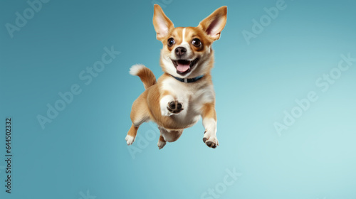 Portrait of jumping happy dog. Leaping excited pose on flat blue background © Chanelle/Peopleimages - AI