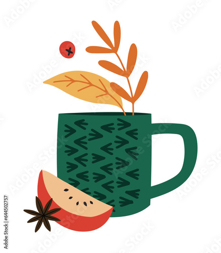 Cup with tea or wine and spices, hot drink on a cold day. Herbal Autumn tea. Isolated vector illustration in flat design