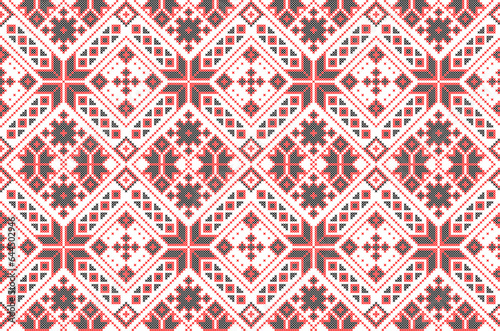 Vector illustration of Ukrainian ornament in ethnic style, identity, vyshyvanka, embroidery for print clothes, websites, banners. Background. Geometric design, border, copy space, frame