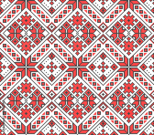 Vector illustration of Ukrainian ornament in ethnic style, identity, vyshyvanka, embroidery for print clothes, websites, banners. Background. Geometric design, border, copy space, frame